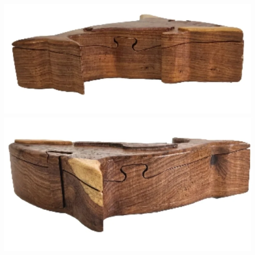Wooden Dolphin Fish Intarsia Puzzle Secret Chamber Handcrafted Jewelry Brown Box